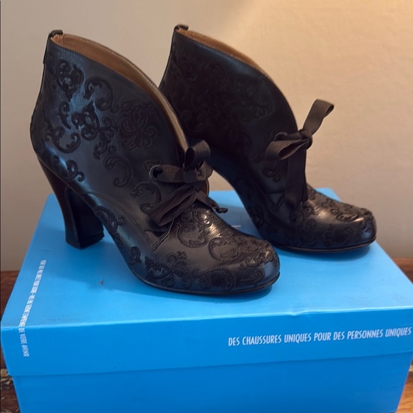 John Fluevog Shoes - John Fluevog Stunner Black Embroidery Patterned Heeled Boots